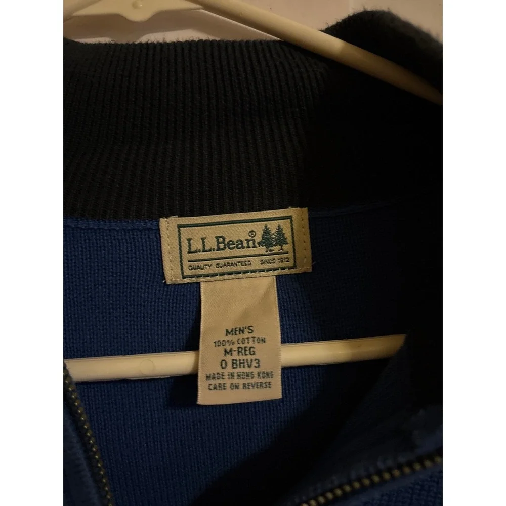 LL Bean Mens Colorblock Quarter Zip Pullover Sweater Blue Black‎ Cotton M REG